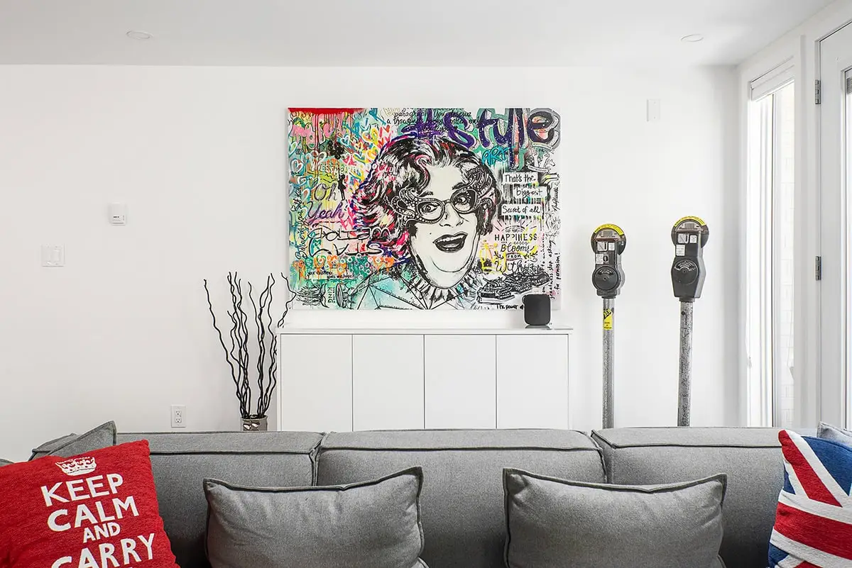 Graffiti art, modern decor, vibrant colors, woman portrait, stylish interior, wall canvas, contemporary design.