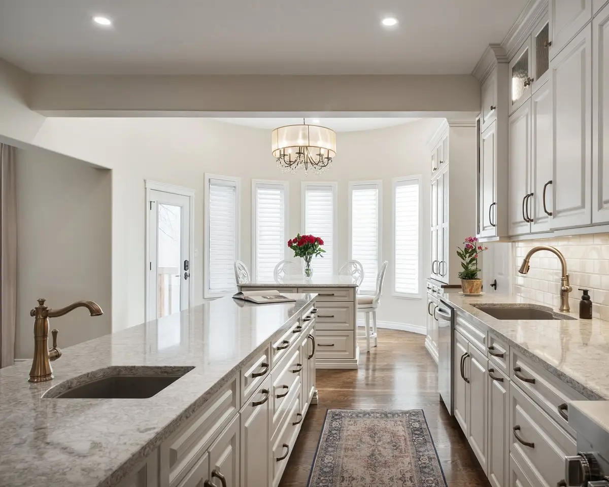Bright, contemporary kitchen featuring white cabinetry, granite counters, and stylish lighting fixtures.